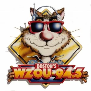 The absolutely precious WZOU "Zoo-Cat" logo - complete with headphones, as it appeared on bumper stickers & T-Shirts in 1989