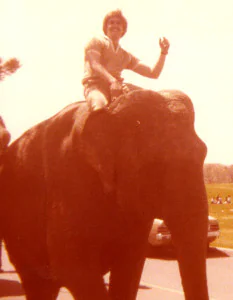 John Saint John high atop the largest elephant in the Greatest Show on Earth