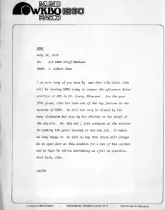 J. Al's Memo to the WKBO staff upon John Saint John's exit for St. Louis