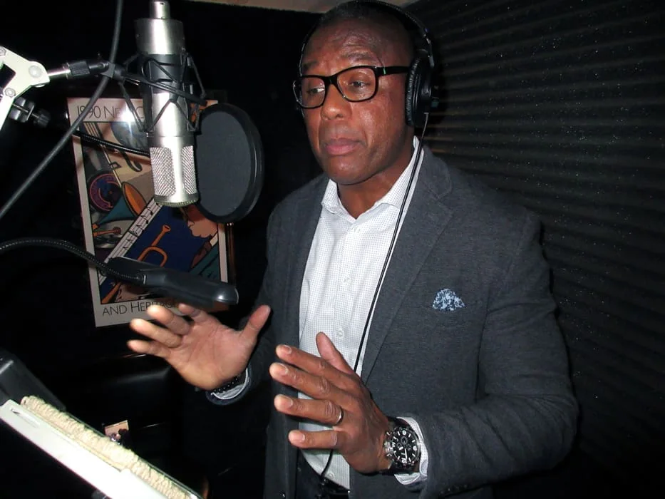 Lewis Johnson recording voiceover at Airlift Productions.
