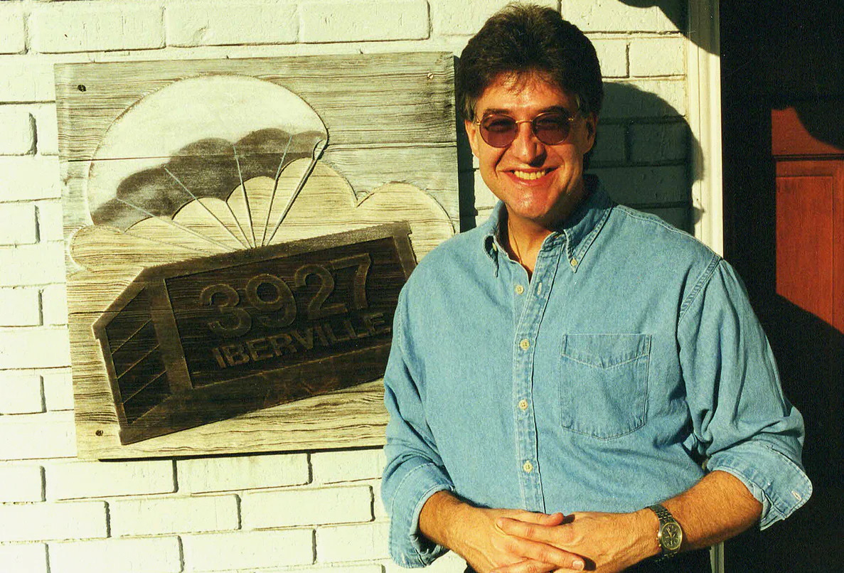 Micheal Ziants in sunglasses and a blue shirt outside Airlift Productions at 3921 Iberville Street, 2000.